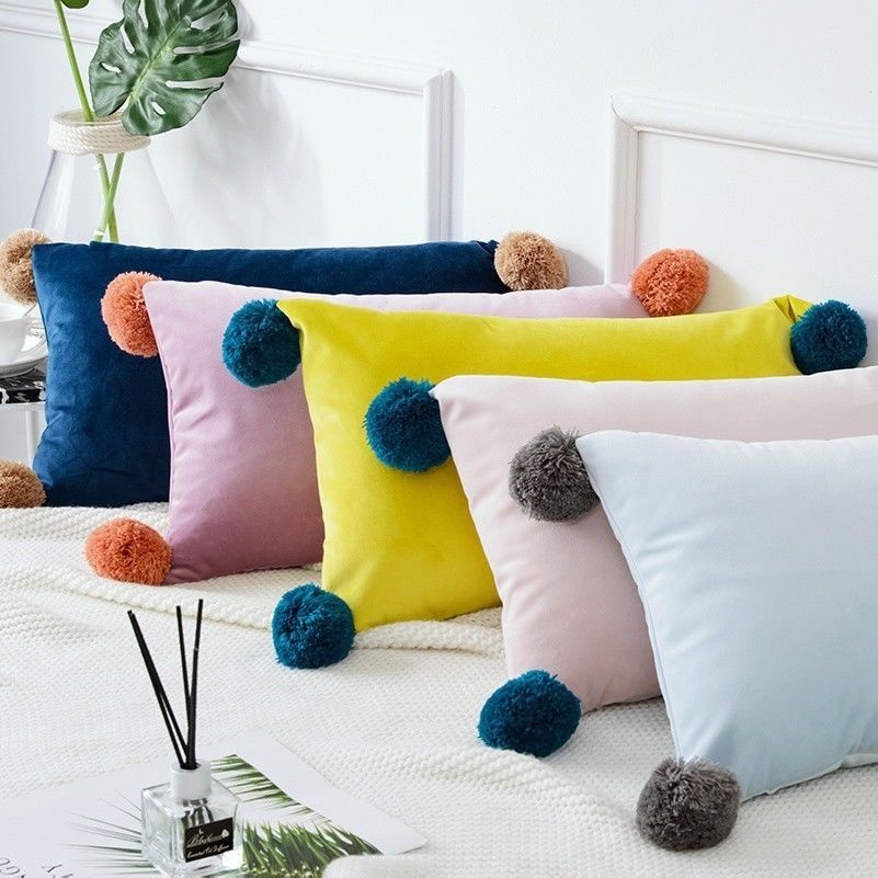 Throw Pillow Case Cushion Cover Pom Velvet Fluffy Furry Sofa Decor 30X50CM