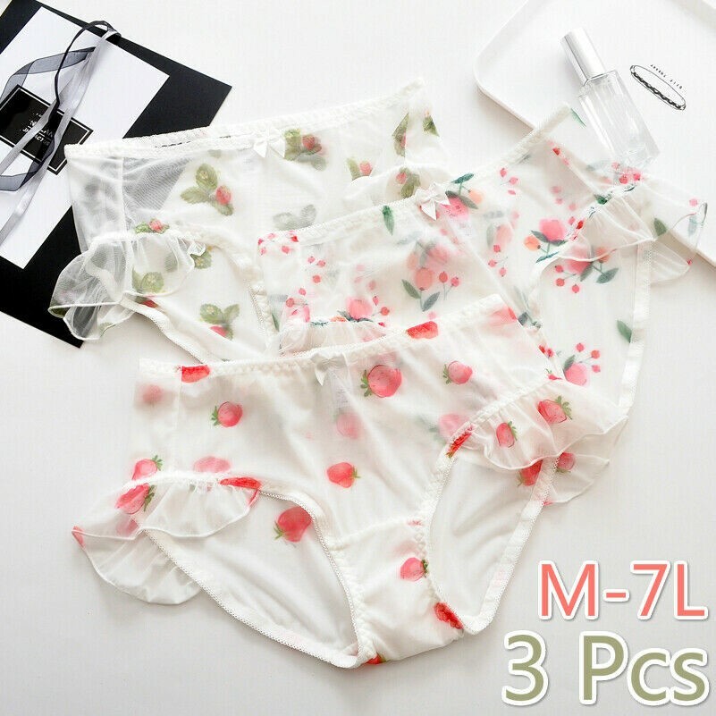 3pcs Lady Mesh Panties Sheer Underwears Plus Size Ruffle Cute Sexy Lingerie Cosy