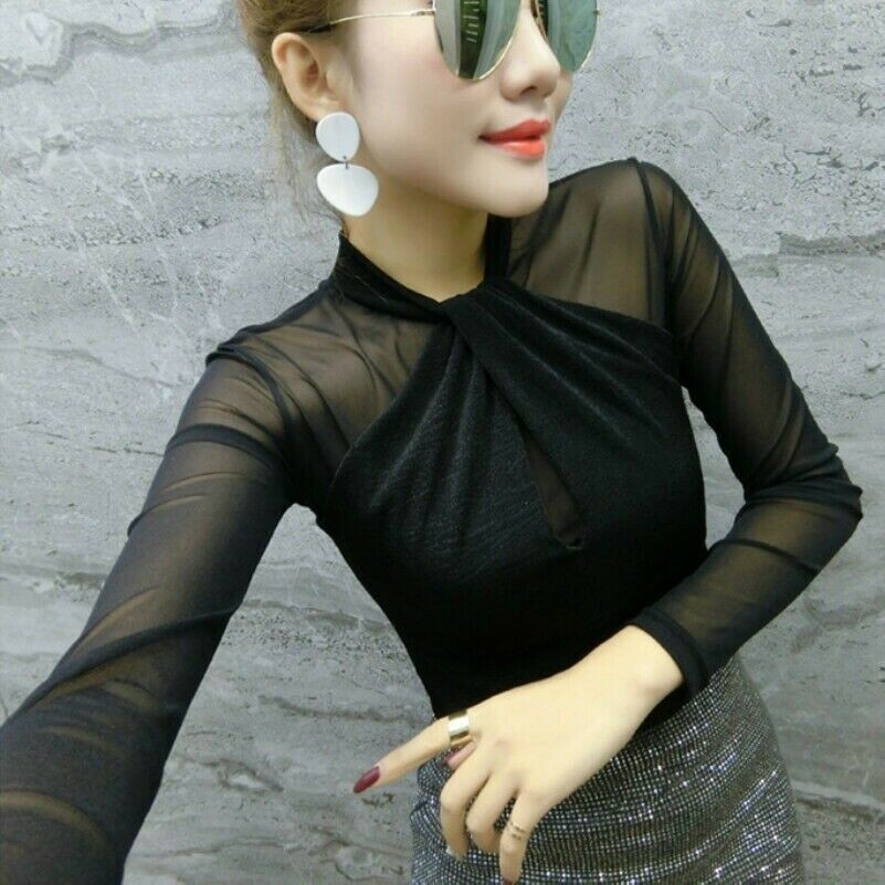 Femme Maille Chemise Haut Manches Longues Transparent Chemisier Pull Splice Dos