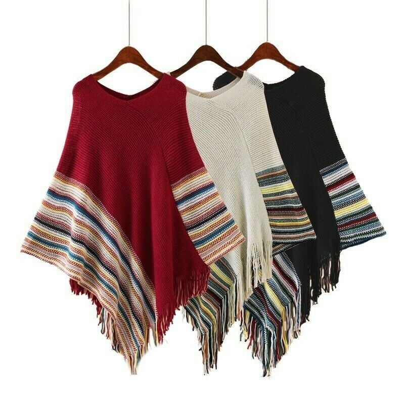 Women Knitted Ethnic Boho Poncho Cape Wrap Shawl Batwing Fringe Sweater Pullover