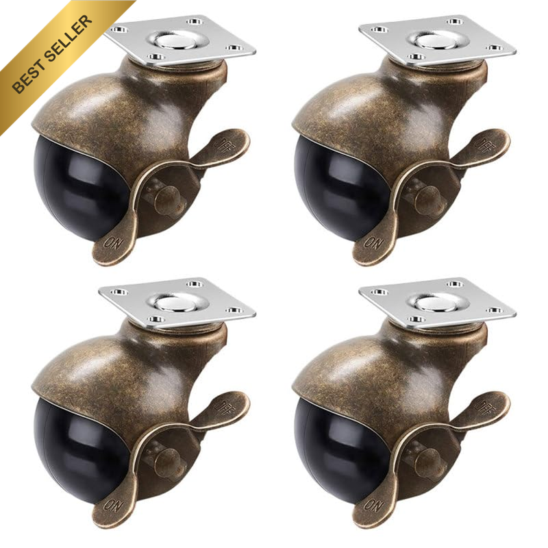 4Pcs 2-Inch Vintage Copper Top Plate Casters with Brake 38X38Mm Base 1.5Mm Thick