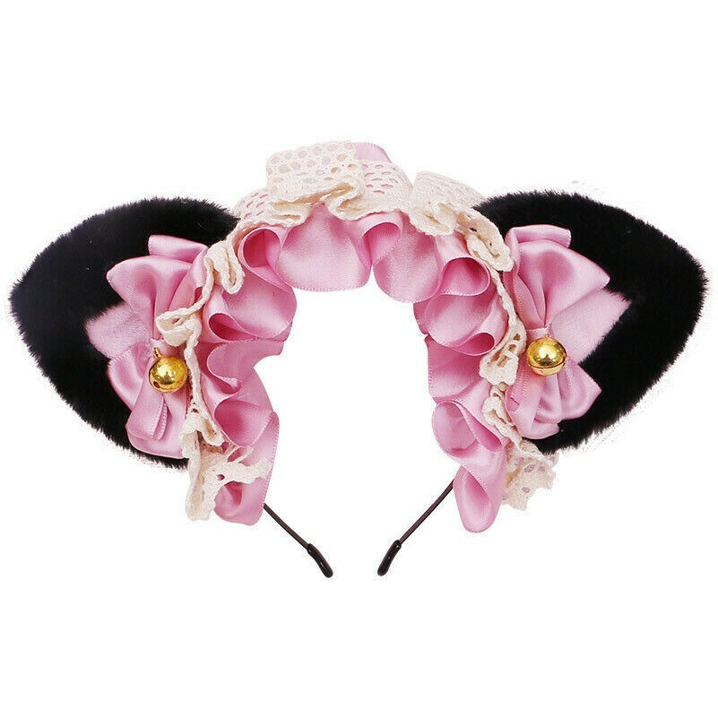 Damen Mädchen Lolita Haarband Fell Katze Ohr Fliege Kopfband Kopfschmuck Cosplay