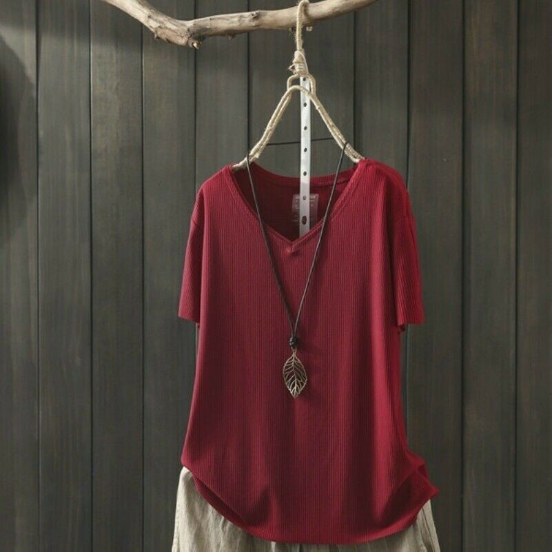 Femme T-Shirt Manche Courte Haut Col V Dames de L' Été Coton Uni en Vrac Chemise