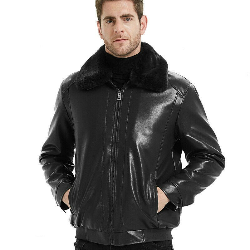 Men Faux Leather Fur Jacket Coat Fleece Lined Aviator Blazer Outwear Winter