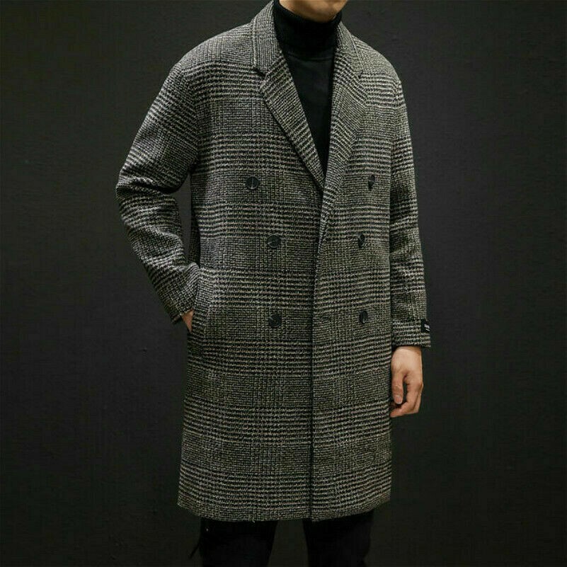 Men Houndstooth Jacket Casual Overcoat Long Tartan Coat Winter Warm Blazer