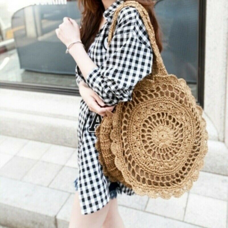 Donna Paglia Borsa Grande Rotondo Uncinetto Vimini Rattan Boho Intrecciato