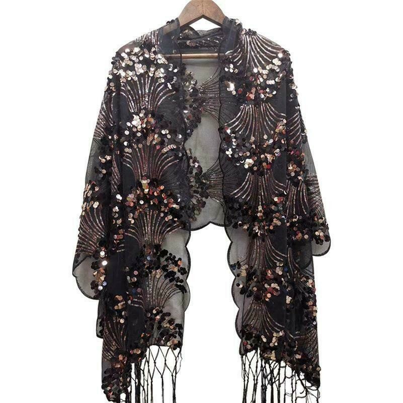 Women Sequin Embroidery Shawl Scarf Tassel Mesh Wrap Cape Evening Dress Lace
