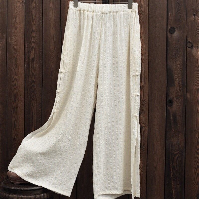 Femme Lin Coton Pantalon Long Jambes Larges Fentes de Côté en Vrac Décontracté