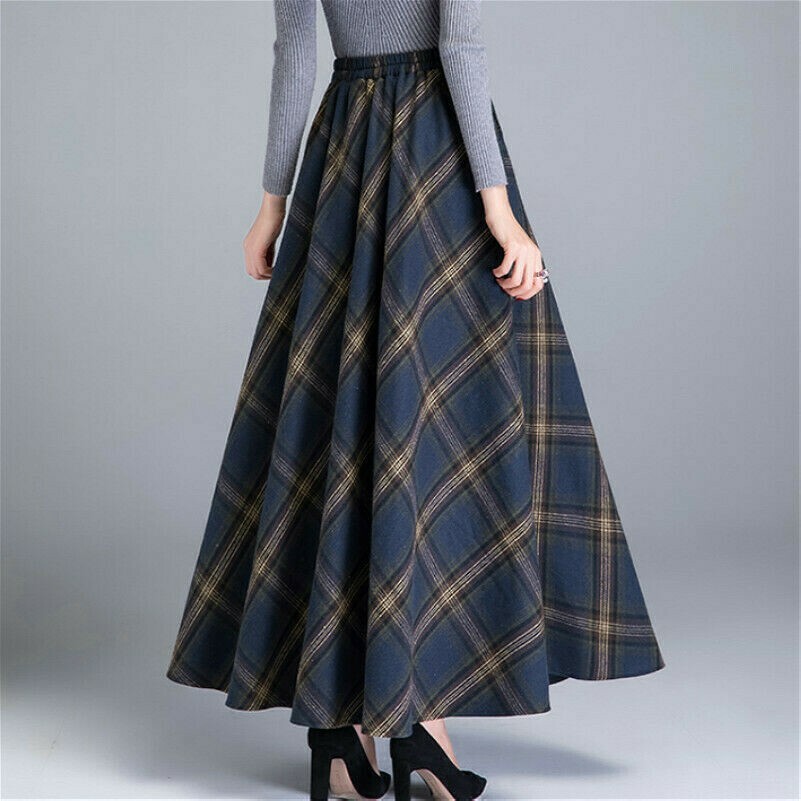 Women Faux Wool Skirt Check Tartan A-line Pleated Warm Thick Half Dress New SPW