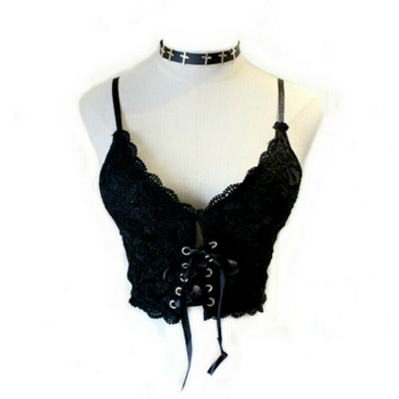 Donna Gotico Canotta con Lacci Serbatoio Top Corto Pizzo Fascia senza Maniche