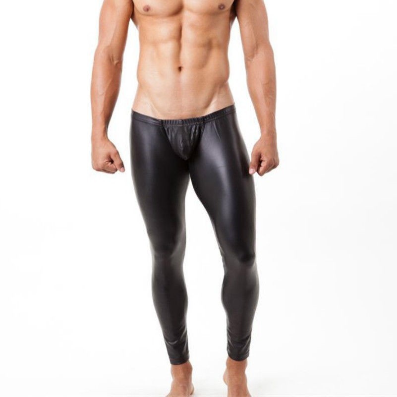 Men's Faux Leather Leggings Metallic Stretch Low Waist Pants Trousers Club Wear