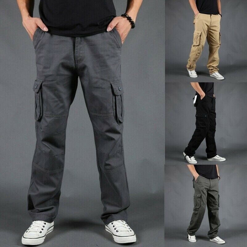 Men Cargo Trousers Military Combat Pants Holster Pockets Straight Leg Casual