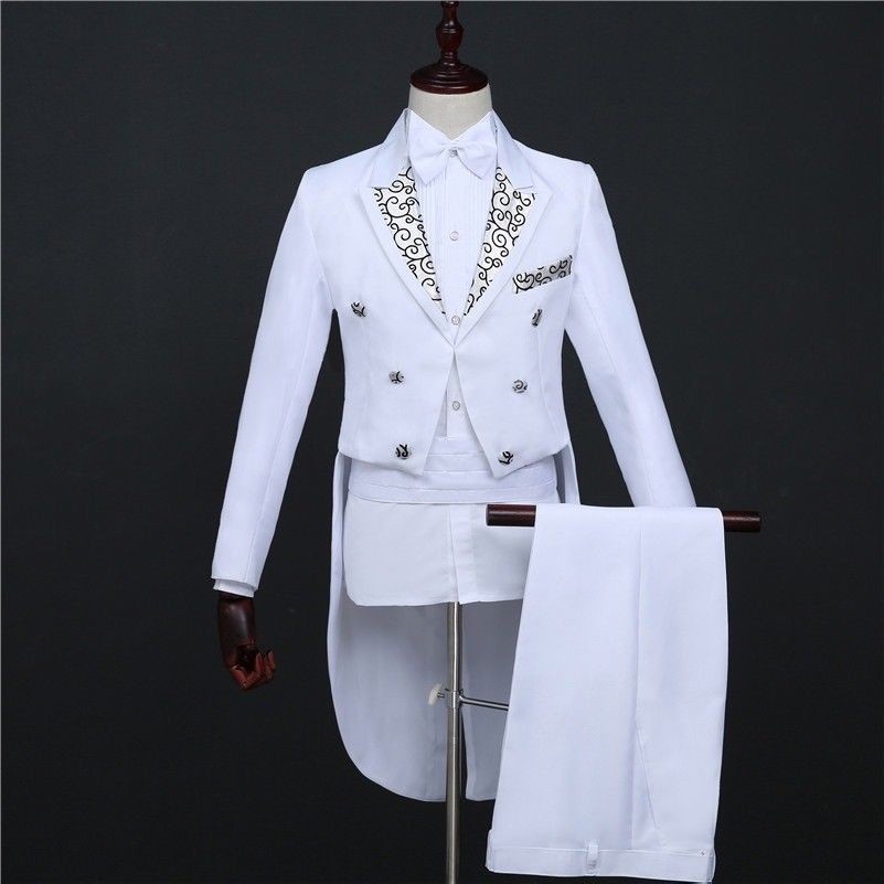 Men Printed Lapel Tailcoat+Trousers Set Formal Dress Tuxedo Suit Costume Vintage