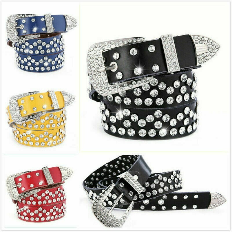 Women Wide Faux Leather Girdles Crystal Rhinestone Studded Waistband Pin Buckle