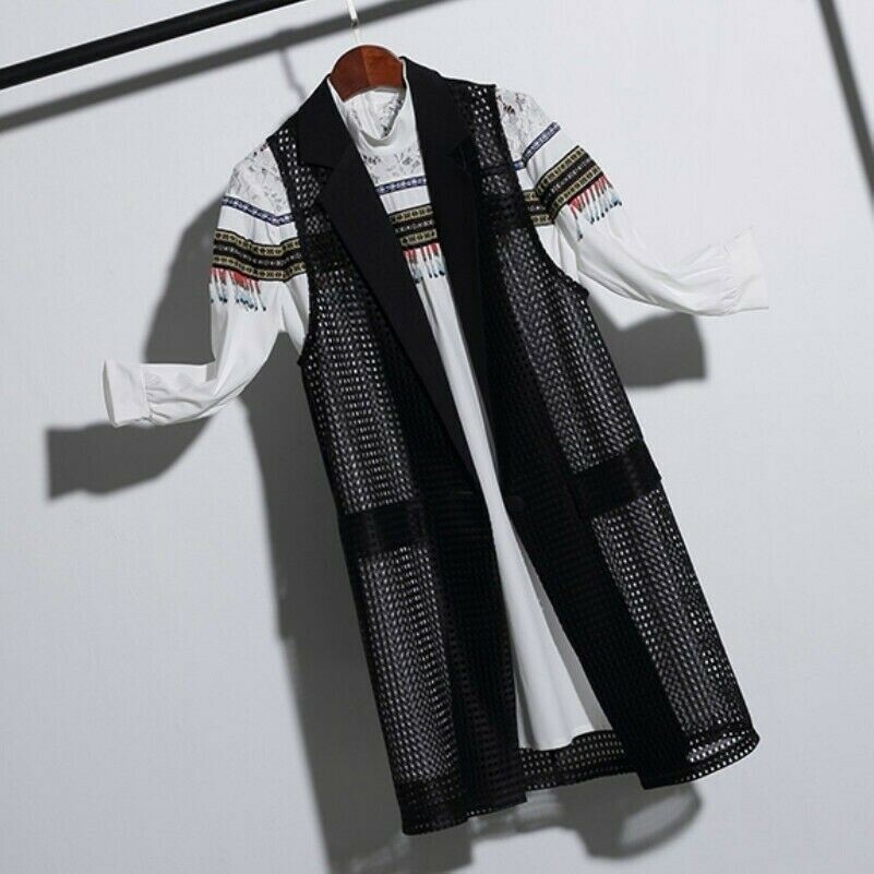 Black Plus Size Women Long Waistcoat Mesh Sleeveless Coat Jacket Vest Cardigan