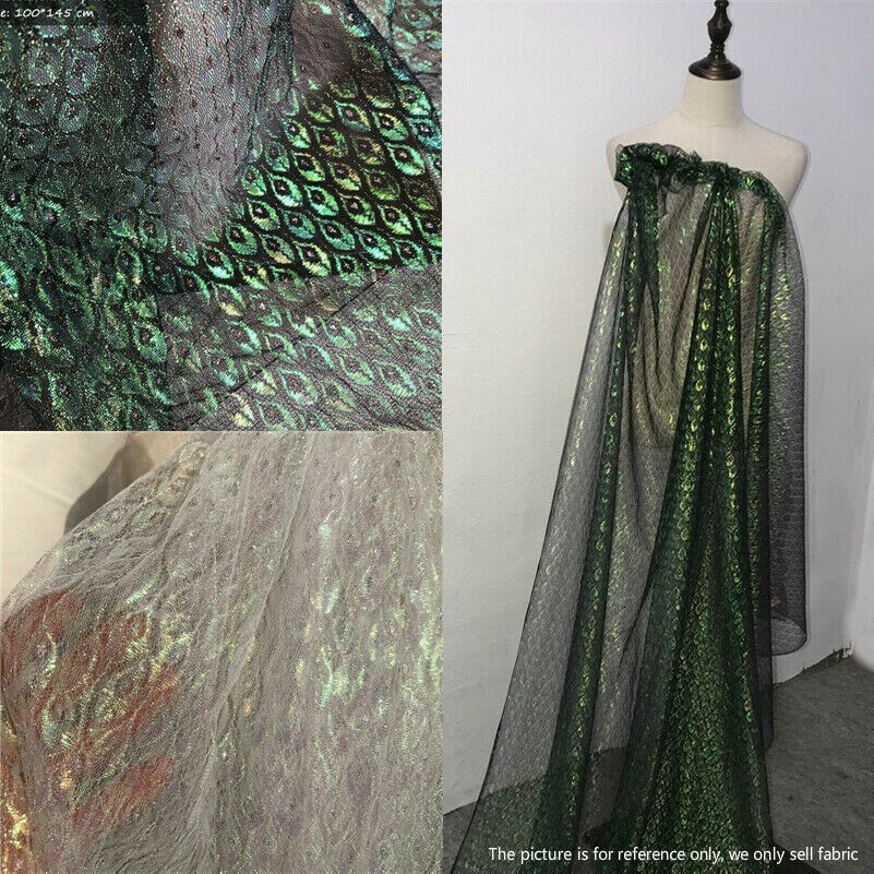 Lace Fabric Mesh Shiny Laser Sheer Tulle See Through Peacock Feather Pattern