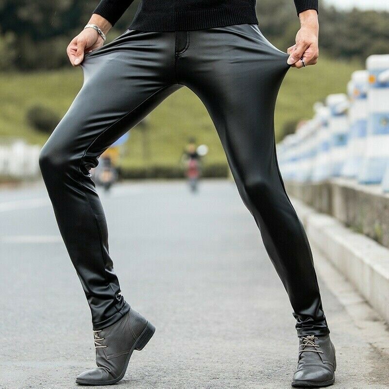 Hommes Faux Cuir Pantalon Noir PU Leggings Extensible Effet Mouillé Slim Fit