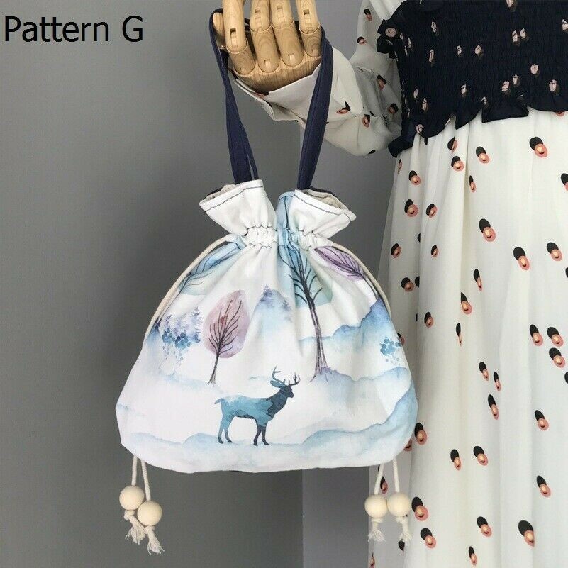 Women Girls Handbag Backpack Print Cotton Linen Drawstring Small Bags Casual New