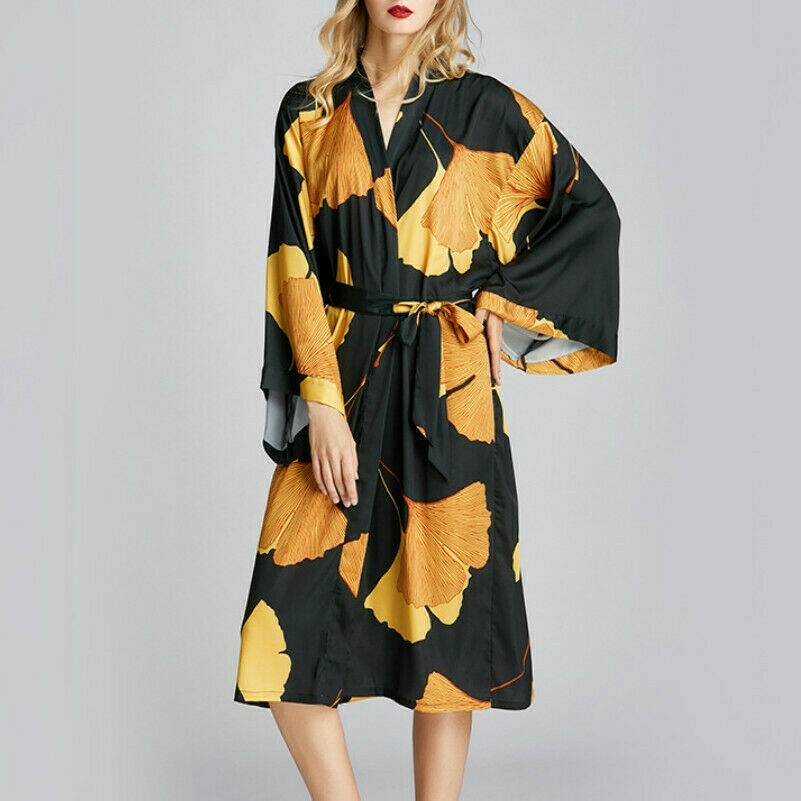 Ladies Kimono Coat Loose Yukata Outwear Long Bathrobe Tops Leaf Faux Silk Casual