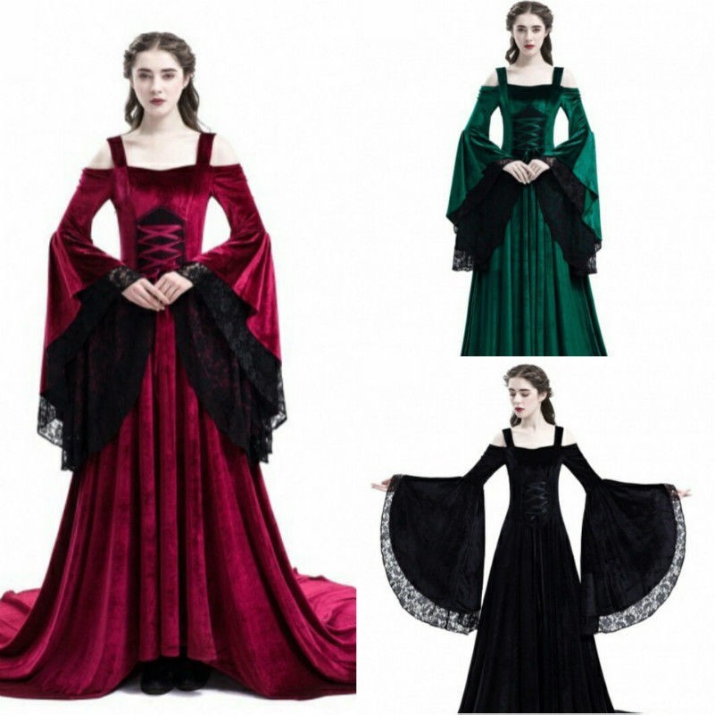Rétro Lacets Velours Cour Robe Évasé Manche Bretelles Fines Baroque Princesse