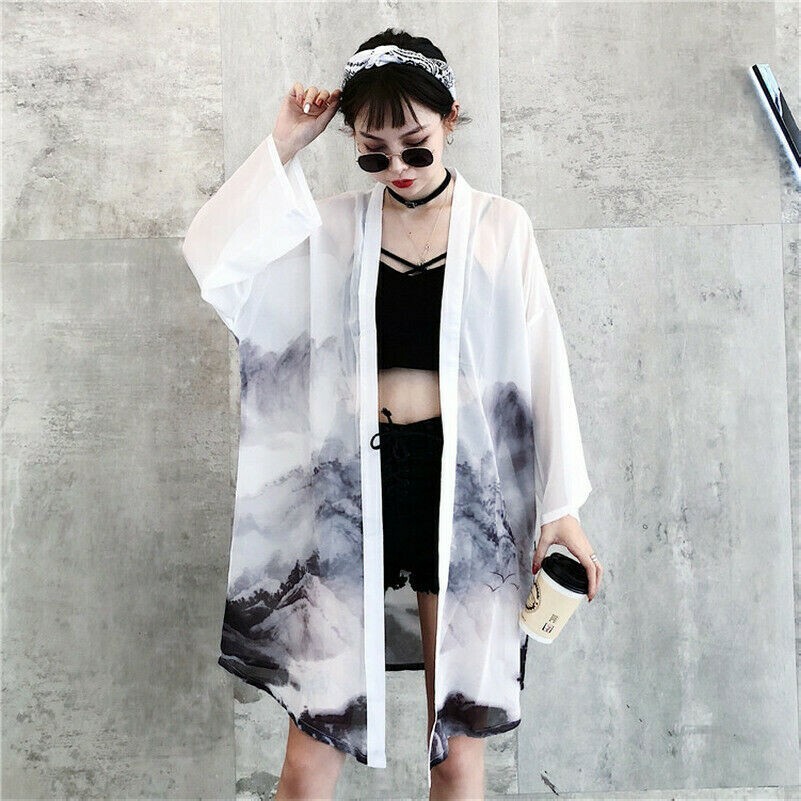 Women Chiffon Coat Kimono Cardigan Men Loose Yukata Vintage Long Blouse Top