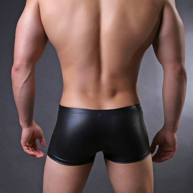 Men Black Faux Leather Boxer Brief Shorts Underpants Underwear Slim Lingerie