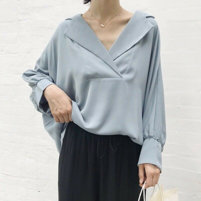 Donna Pullover Camicetta Bavero Scollo V 3/4 Pipistrello Pieghe Maniche Sciolto