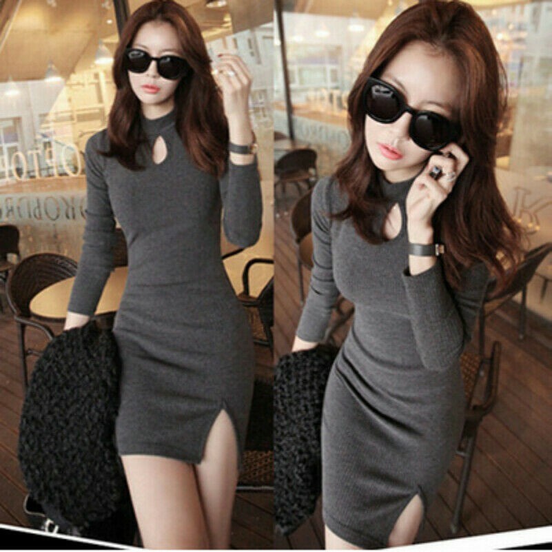 Women Pencil Dress Bodycon Slim Mini Split Stretch Knit Long Sleeve Party SHP