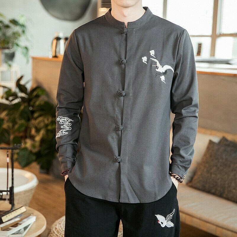 Men Embroidered Shirt Ethnic Crane Linen Kung Fu Chinese Frog Button Casual