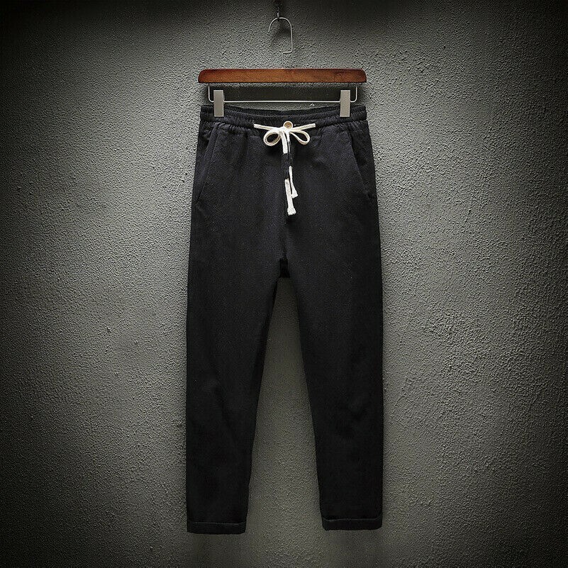 Hommes Lin Coton Pantalon Sarouel Baggy Court Solide Cordon Décontracté