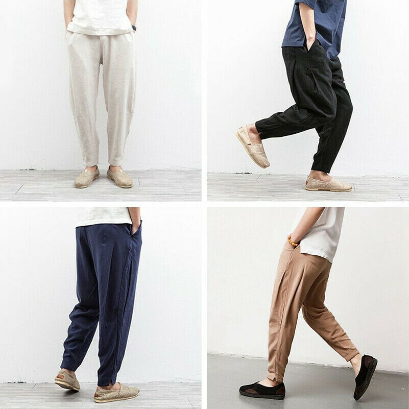 Hommes Lin Coton Conique Pantalon Poches Pantalon Été en Vrac Bas Vintage