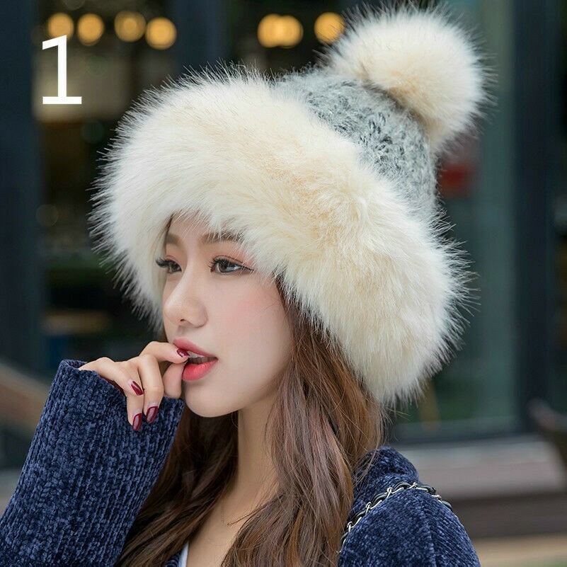 ladies-faux-fur-knitted-bobble-beanie-hat-pom-pom-ball-cossack-russian-caps-warm