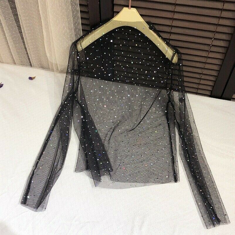 Blusa In Rete Con Paillettes Trasparente In Tulle Shiny Lolita Per Donne Sexy