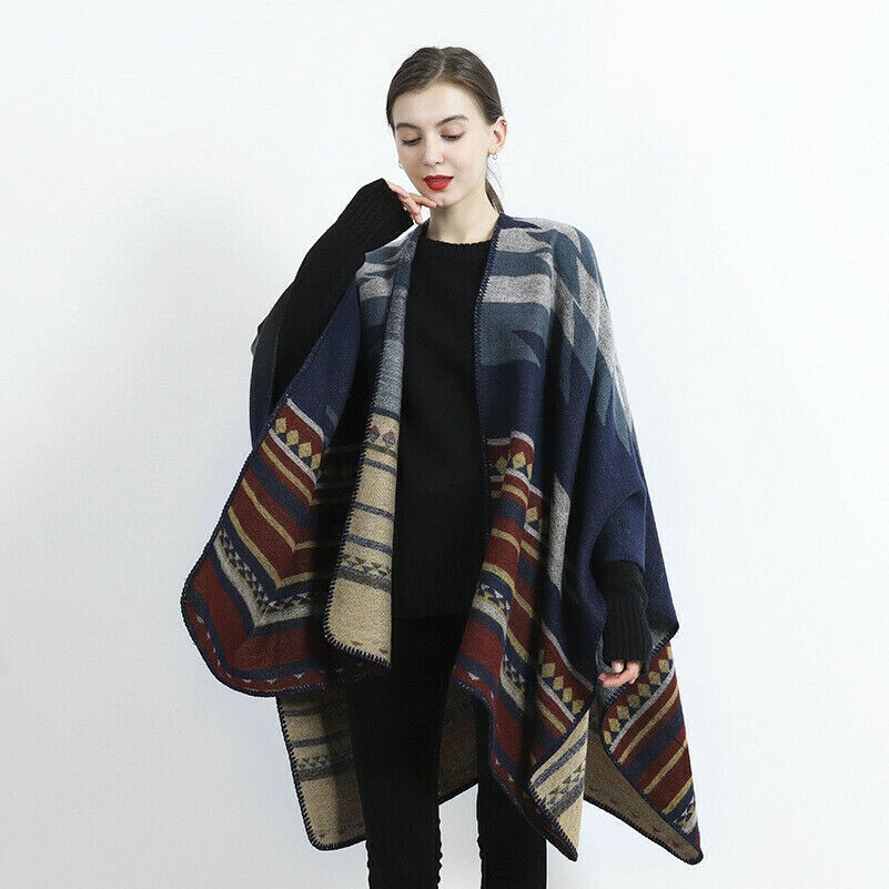Femme Ethnique Faux Laine Châle Cape Cape Boho Manteau Poncho Veste Cardigan
