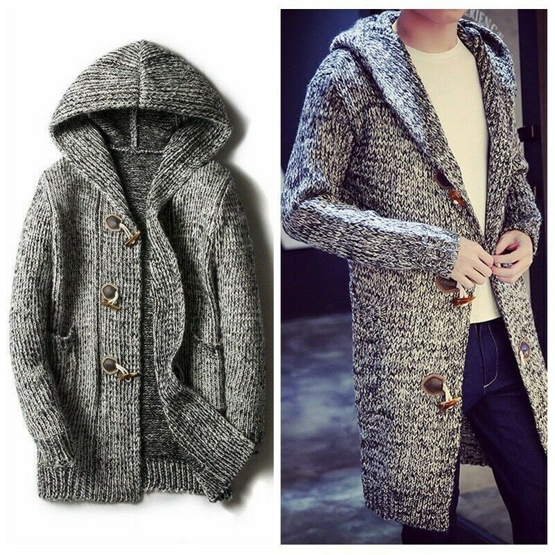 Men Plus Size Knit Cardigan Coat Hooded Jumper Coat Long Jacket Toggle Thick Top