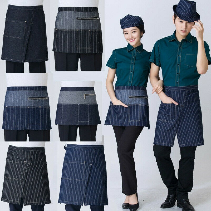 1PC Women Men Denim Half Waist Apron Waiter Waitress Uniform Stripe Two Tone New