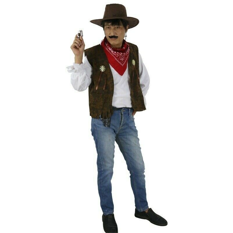 Men Women Adult Western Cowboy Waistcoat Hat Costume Fancy Dress Sheriff