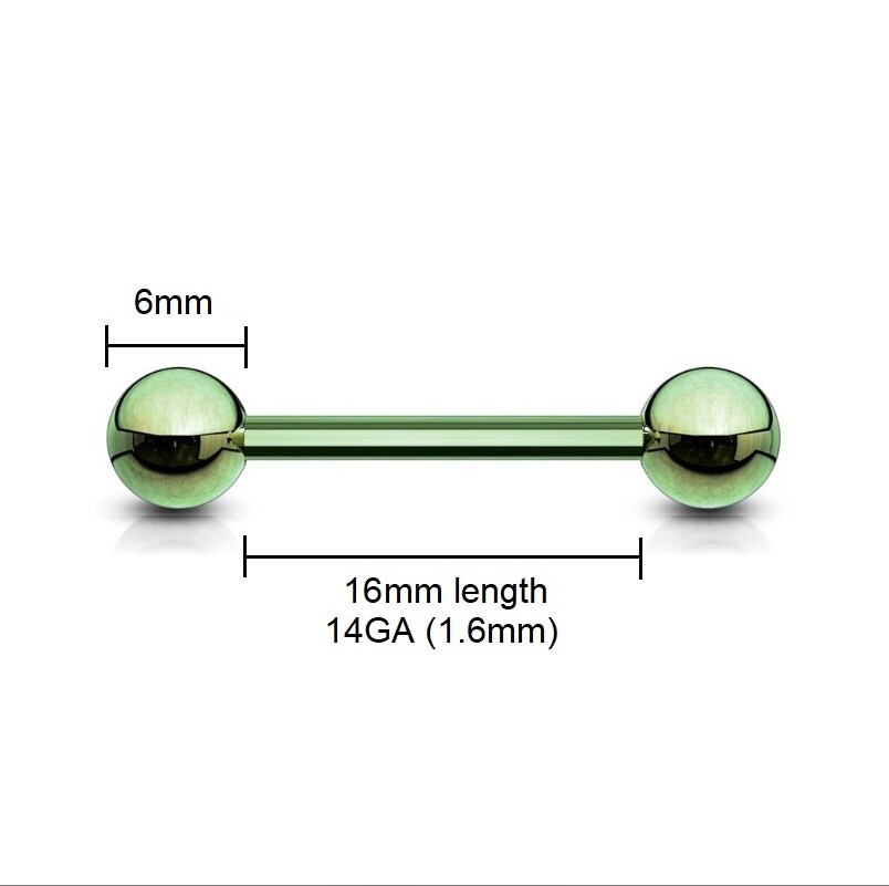 16mm Green Colour Titanium IP over Stainless Steel Barbell * Tongue Nipple Bar