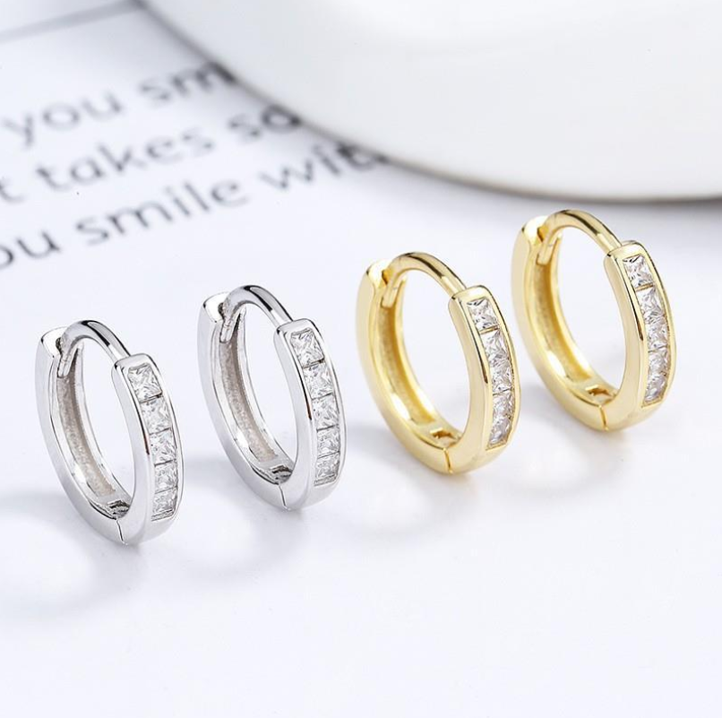 Women 925 Sterling Silver Plated Square CZ Round Huggie Hoop Earrings 16mm PE28