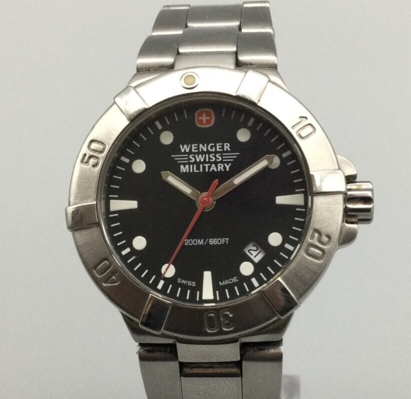 Wenger Swiss Military Watch Women Silver Tone Date 200M Swiss New Battery 6.5