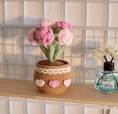 Crochet Flower Pot Heart Valentines Day Birthday Cute Gift Idea Home Decor UK
