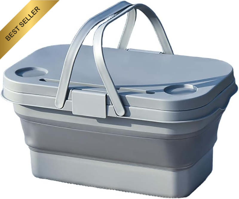 16L Collapsible Picnic Basket with Lid & Handles, 3-In-1 Foldable Table Bucket,