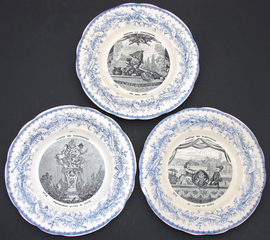 Antique Creil Faience 3pc Cabinet Plate Set, 