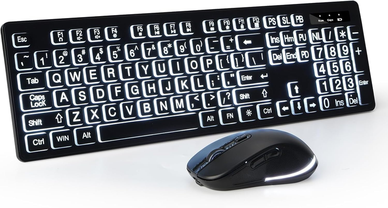 Large Print Wireless Keyboard and Mouse - White Backlit Keyboard, Oversize Lette