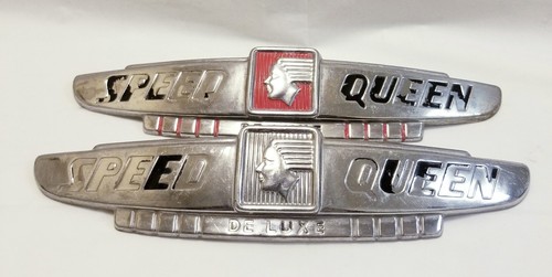 Lot of 2 Vintage Original Speed Queen Deluxe Washer Metal Nameplate Emblem Logos