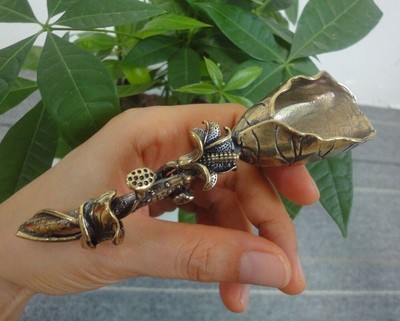 Antiqued Solid Brass Copper Lotus Flower Statue Shovel Spoon Tea Tool