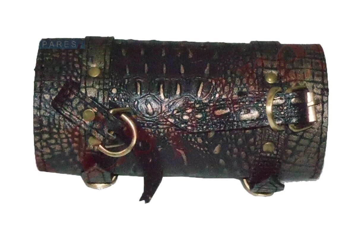Genuine Black Golden Leather Tool Roll Bag Fits Harley Chopper Bobber  