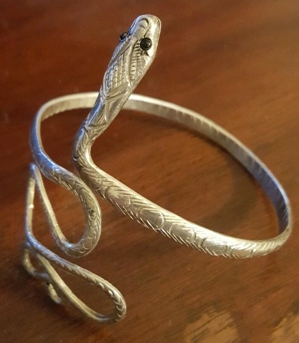 Egyptian Revival Snake Cuff Bracelet Sterling Silver 925 Onyx Vintage Hi-Detail