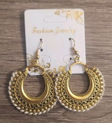Fashion Jewelry Gold Tone Textured Hoop Dangle Earrings Gold White 2.37 Inches 