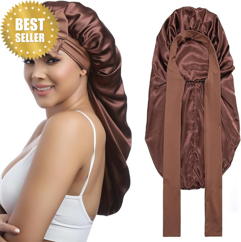 2PCS Long Satin Bonnet for Women - Double Layer Elastic Silk Bonnet for Braids H